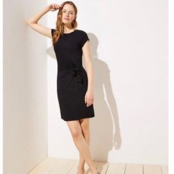 LOFT Black Short Sleeve Tie Side Cotton Dress - Picture 1 of 5